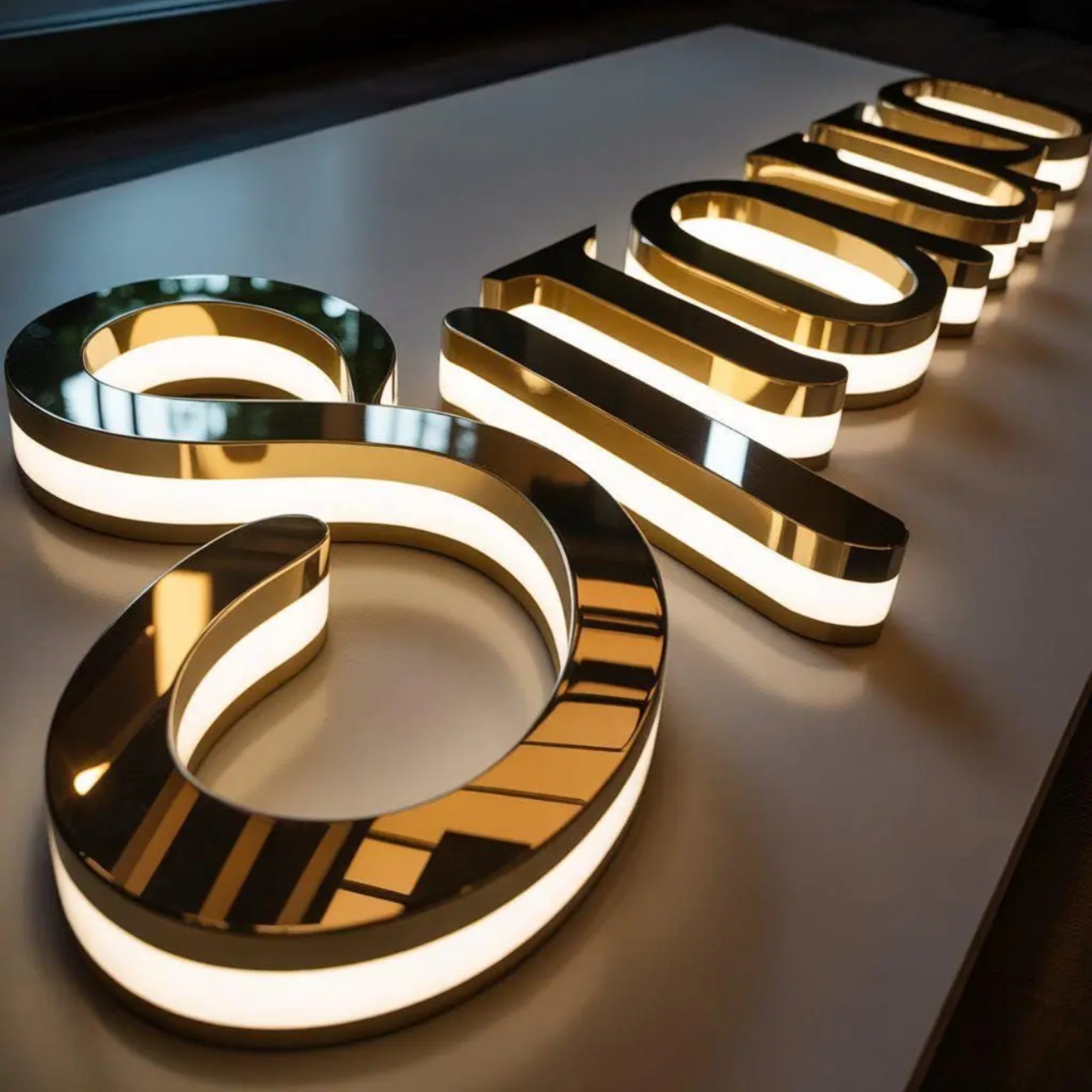 Close-up of sculpted gold channel letters with bright white face illumination