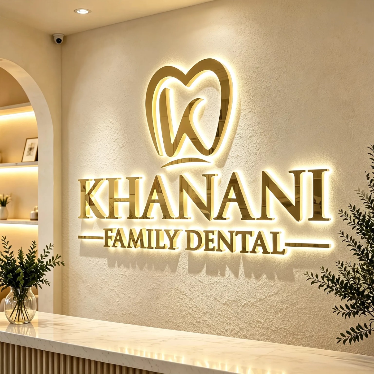 Gold dental logo and dimensional lettering with warm white halo illumination