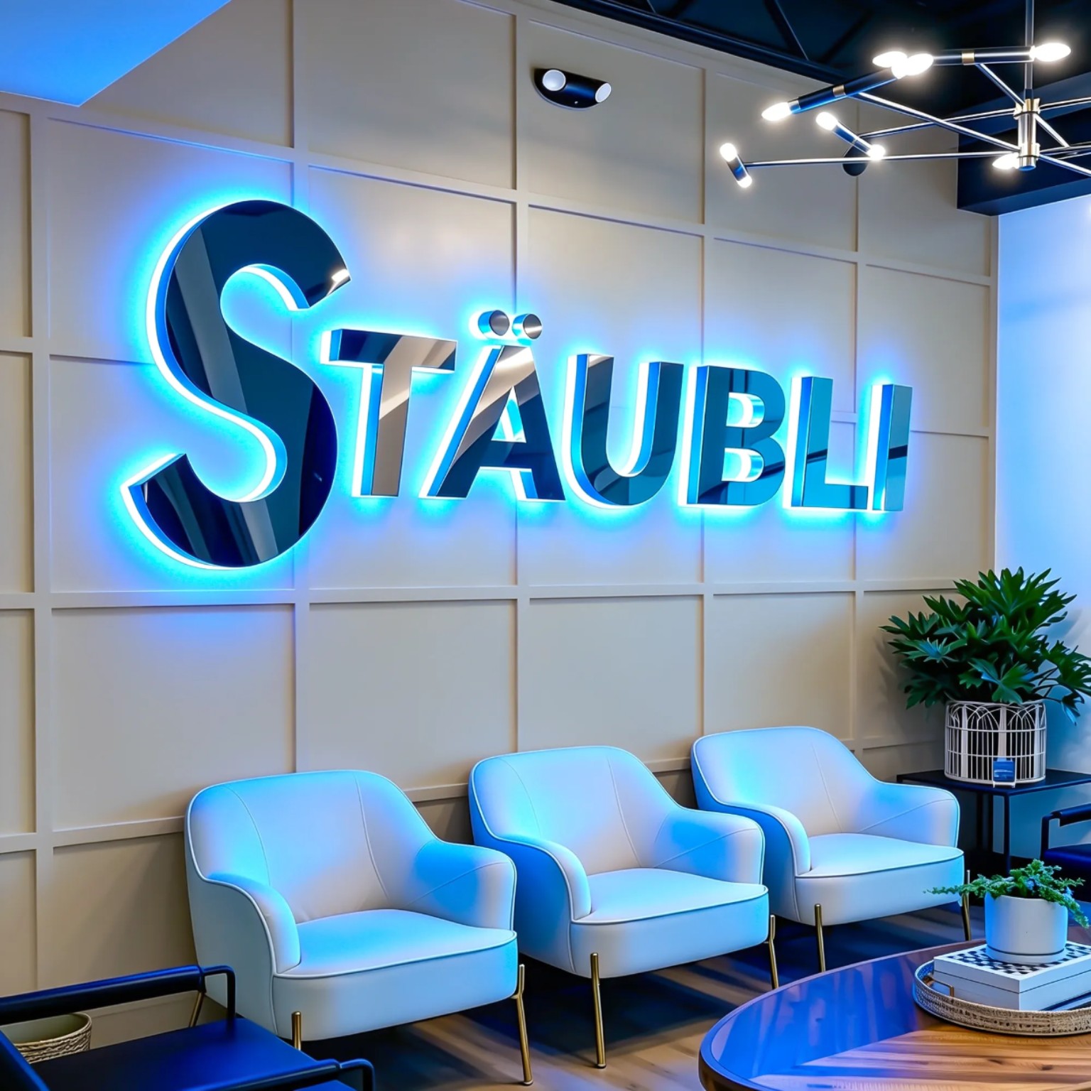 Large polished dimensional letters with vivid blue halo lighting in a modern reception lounge