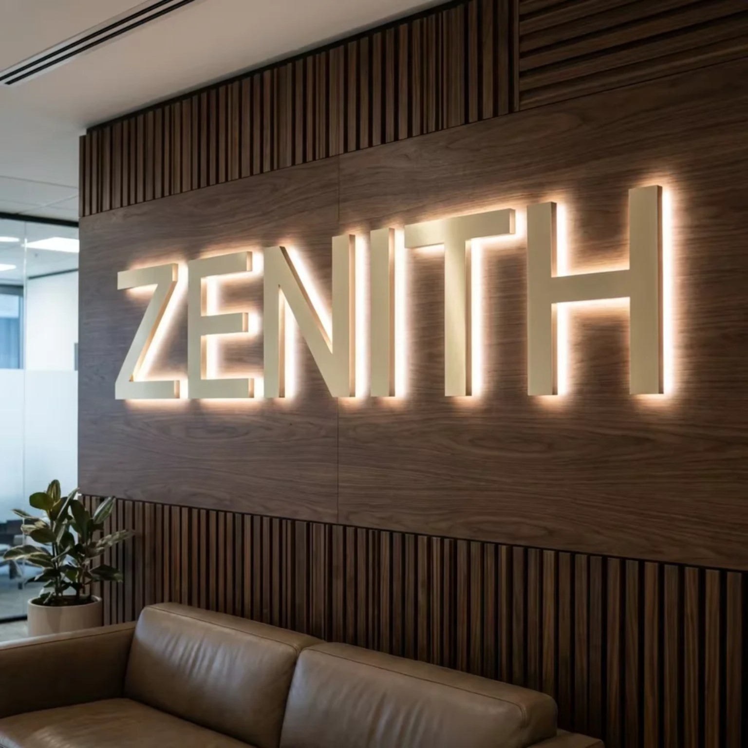 Large white dimensional office letters with subtle warm backlighting on a dark wood wall