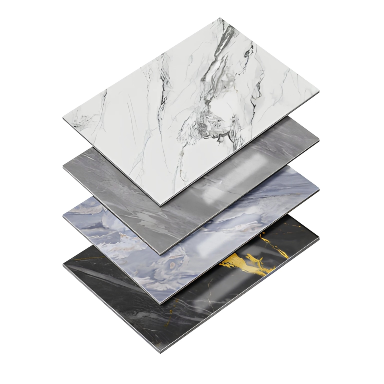 Layered collection of white, gray, blue and black marble-look decorative wall panels