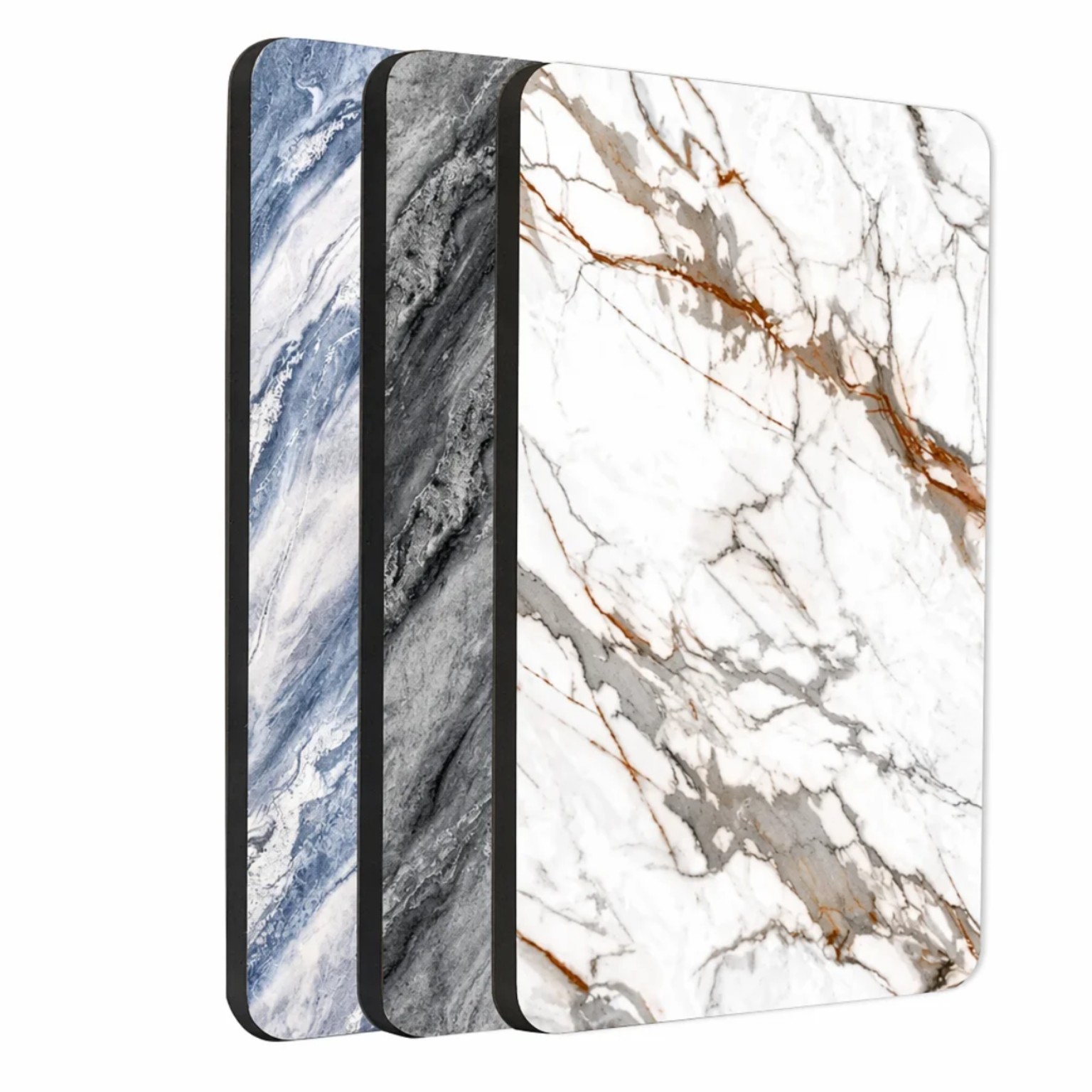 Three rounded-corner marble-look wall panels in white, gray and blue patterns