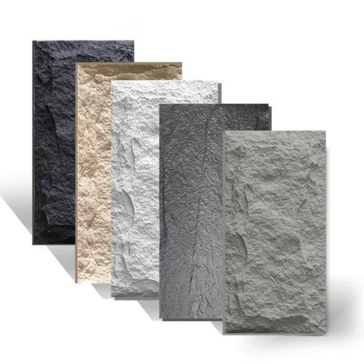 Collection of dimensional stone-texture wall panels in black, beige, white and gray