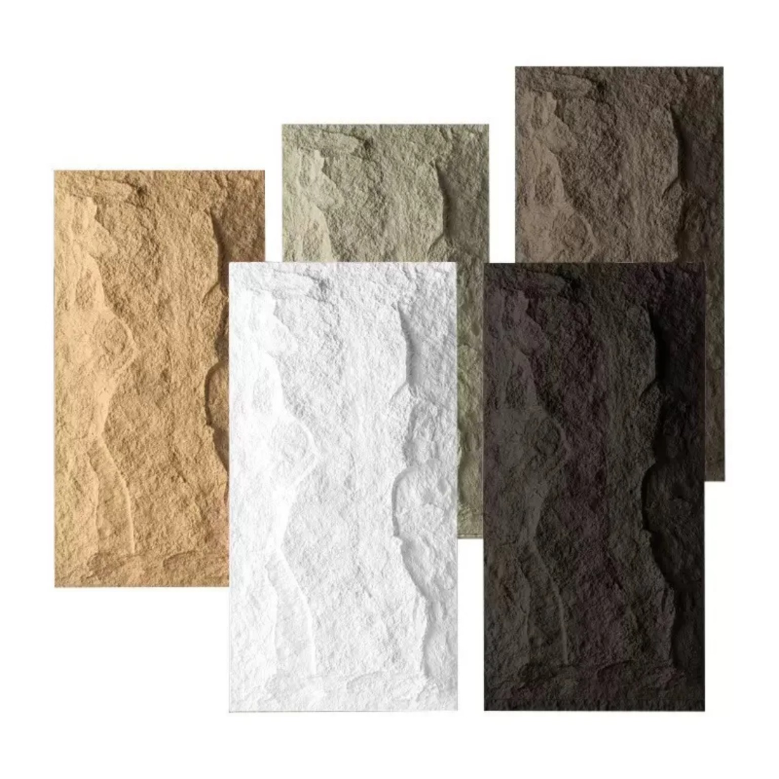 Textured stone-look wall panels shown in sand, white, gray, olive and charcoal colors